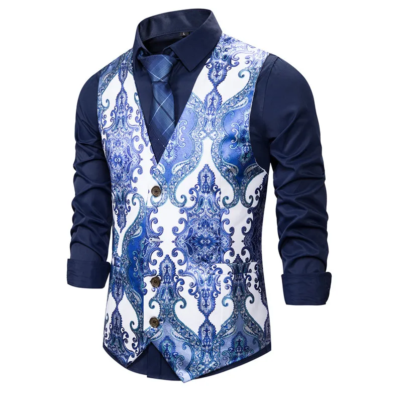 Steampunk Men Suit Waistcoat Luxury Brand Palace Style Floral Print Night Club Prom Slim Wedding Formal Vest Gilet Costume Homme