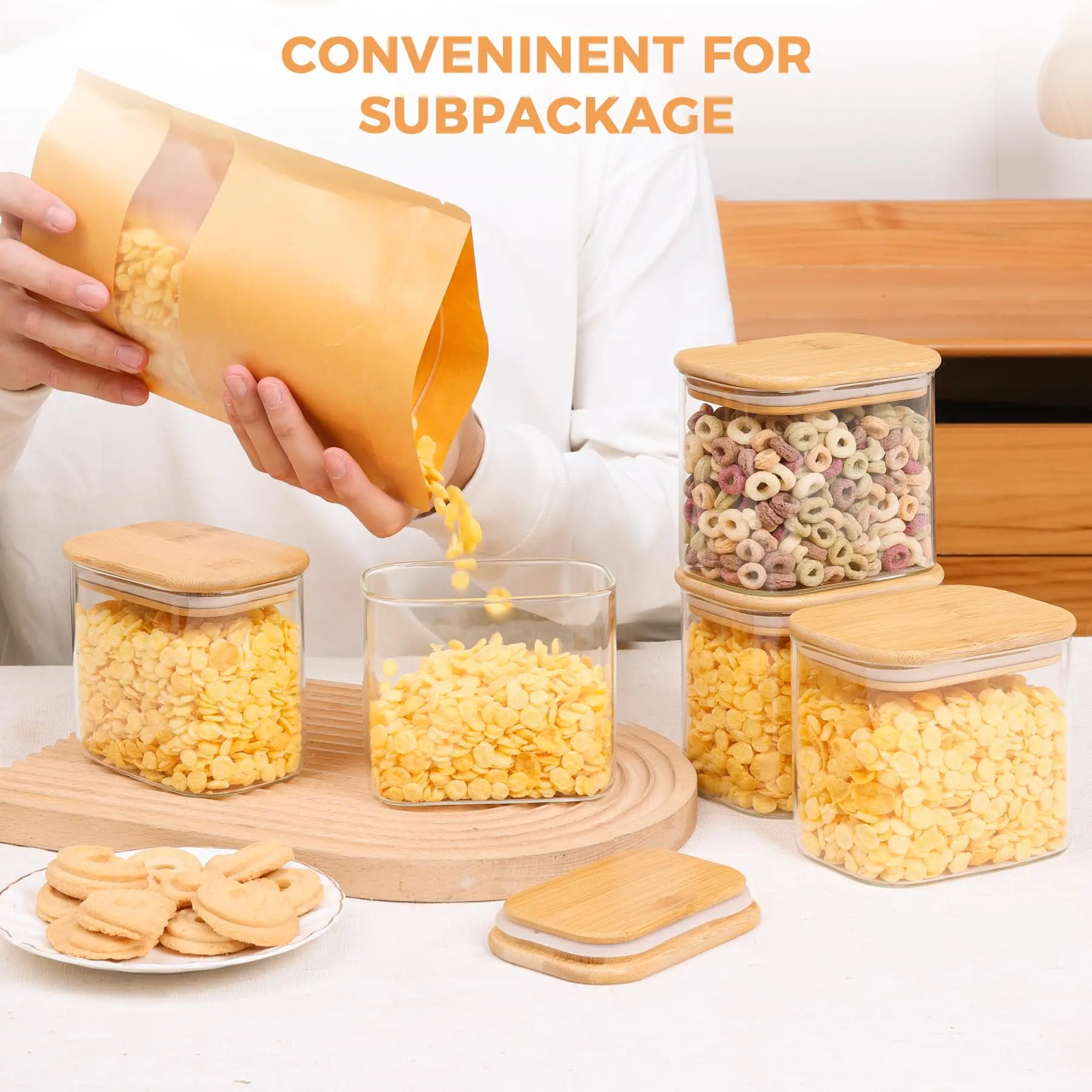 Rectangle Clear Storage Jars with Bamboo Lids For Sugar Coffee Pantry Organizer Container for Pasta Tea Candy Nuts