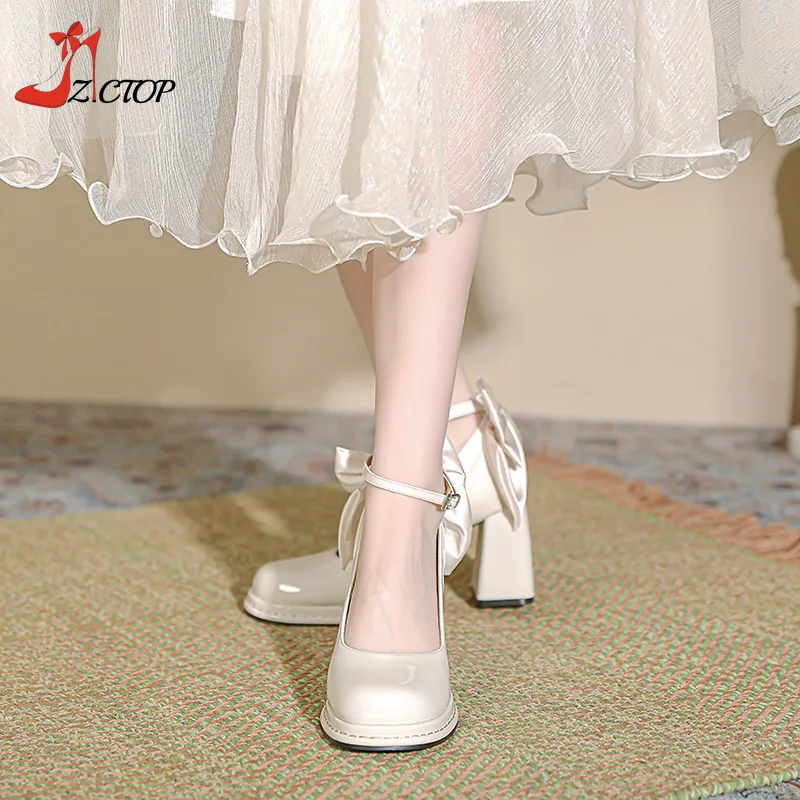 Elegant Bow Platform Pumps Women Thick High Heels Mary Jane Shoes Ladies Ankle Strap Chunky Heeled Wedding Shoes Beige Black