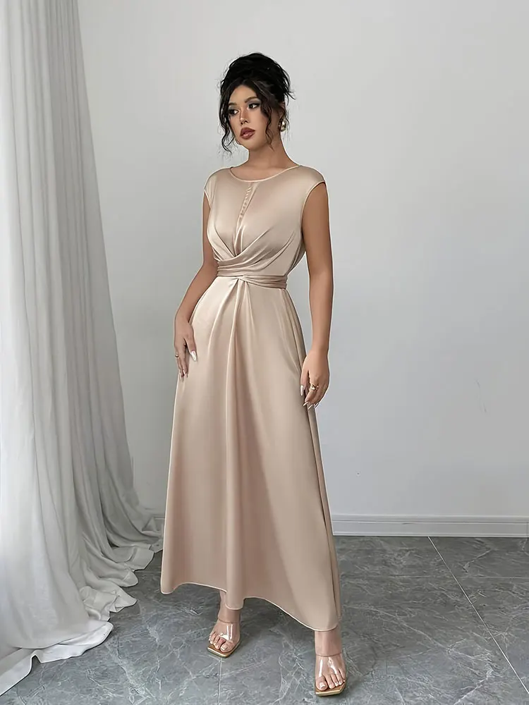 فستان نسائي جديد أنيق برقبة دائرية بدون أكمام بقصة ضيقة وحزام ربط من الساتان ملابس أنثوية فساتين حفلات أنيقة