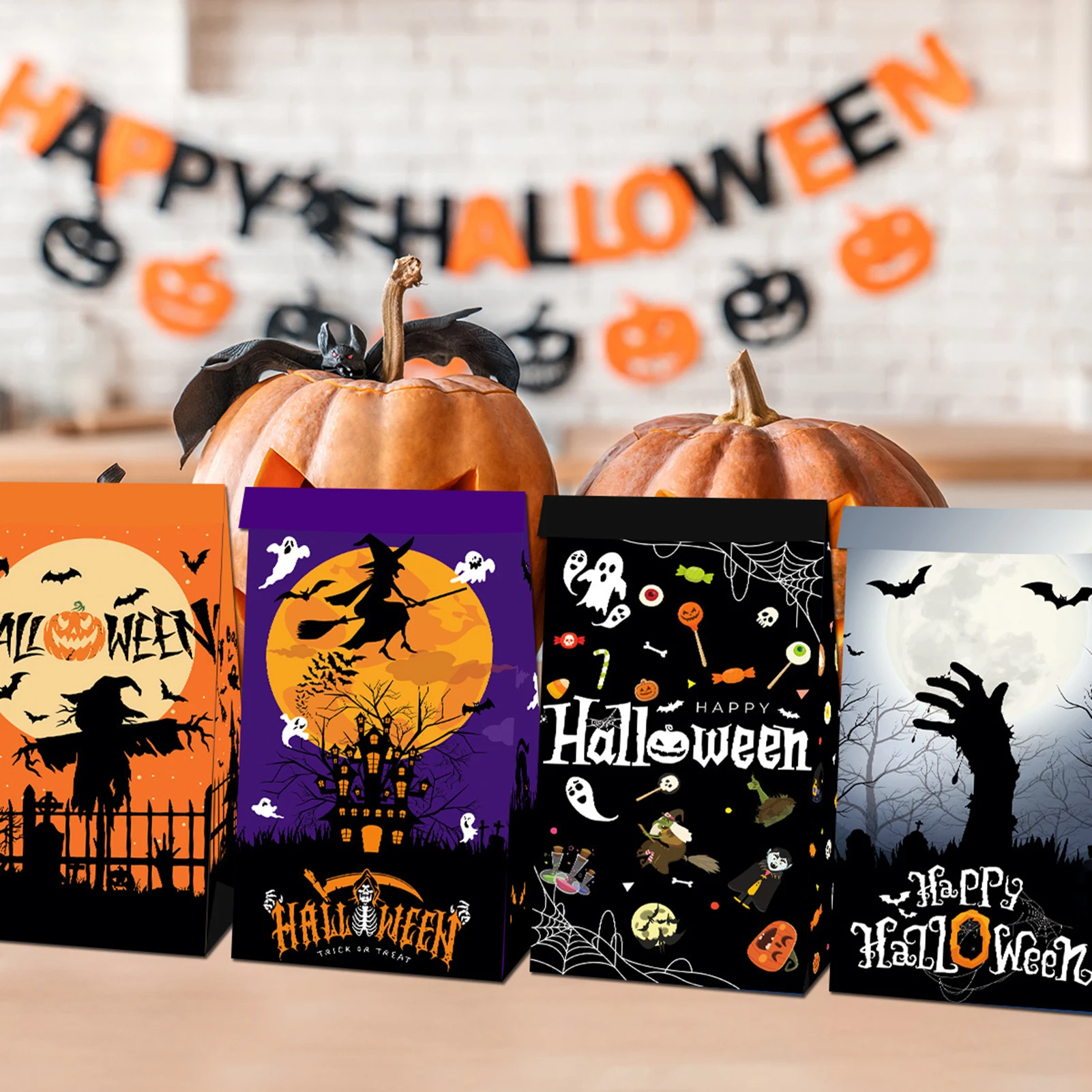 

12/24pcs Halloween Candy Storage Bags Cartoon Cute Thrilling Packaging Paper Bag For Snack Candies Dessert Party Decoration Prop