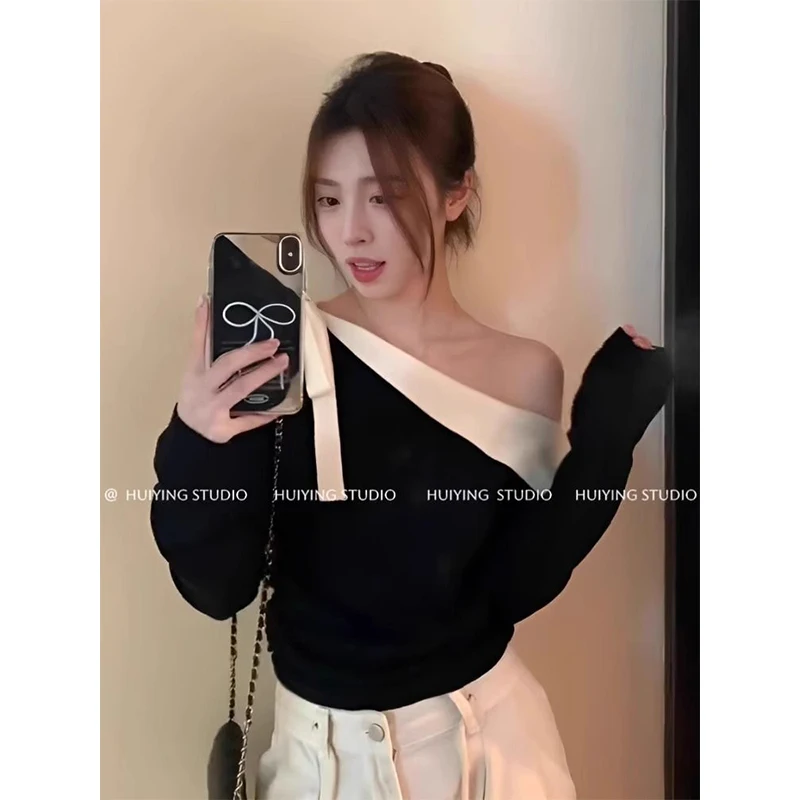 Slash Neck Off Shoulder Knitting Bottoming Shirt Women Autumn Winter Elegant Temperament Sweater Fashion All-match Knitwear Tops