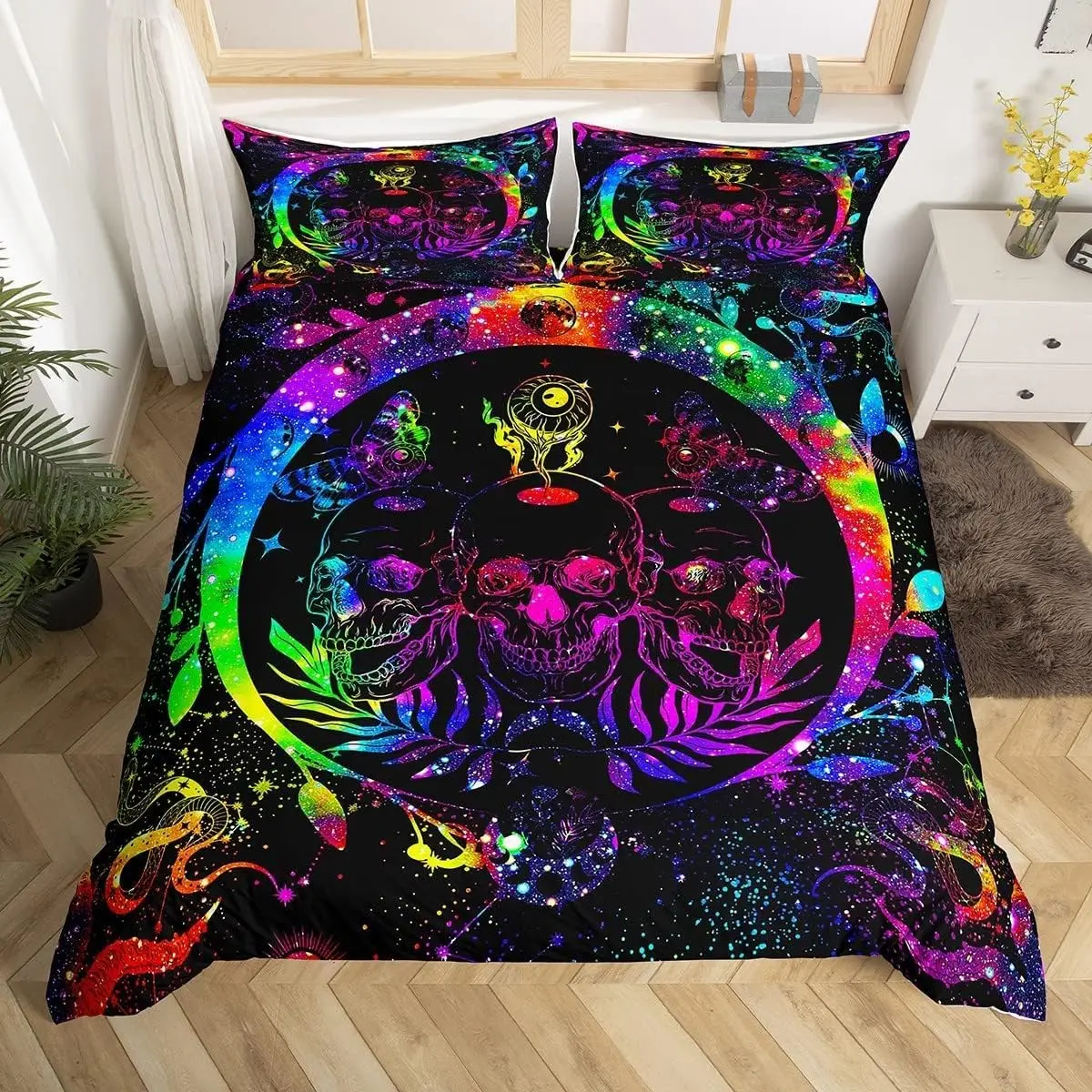 Neon Glowing Gothic Skull Bedding Set Double Size Psychedelic Skeleton Duvet Cover 3pcs Hippie Celestial Quilt Cover Black