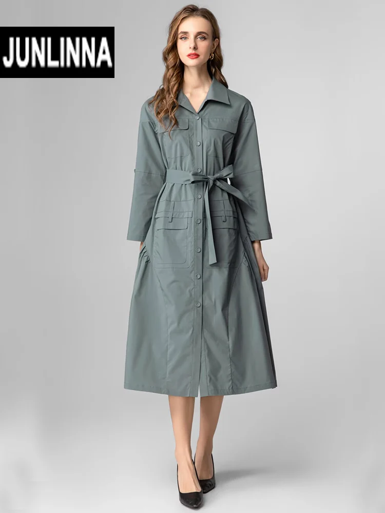 

JUNLINNA Autumn Winter Dress Women Turn-down Collar Single Breasted Midi Vestidos Party Holiday Sashes High Street