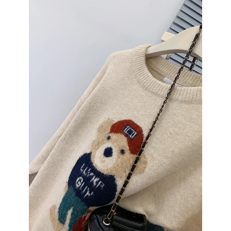 Sweet Vintage Knitting Long Sleeve Casual Pullovers Women\'s 2024 Autumn Winter Fashion Round Neck Bear Appliques Loose Sweater