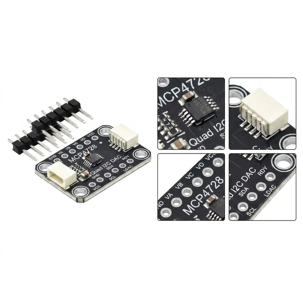 Carte à quatre canaux MCP4728 avec mémoire EEPROM pour paramètres persistants et sortie de tension réglable par contrôle de gain.