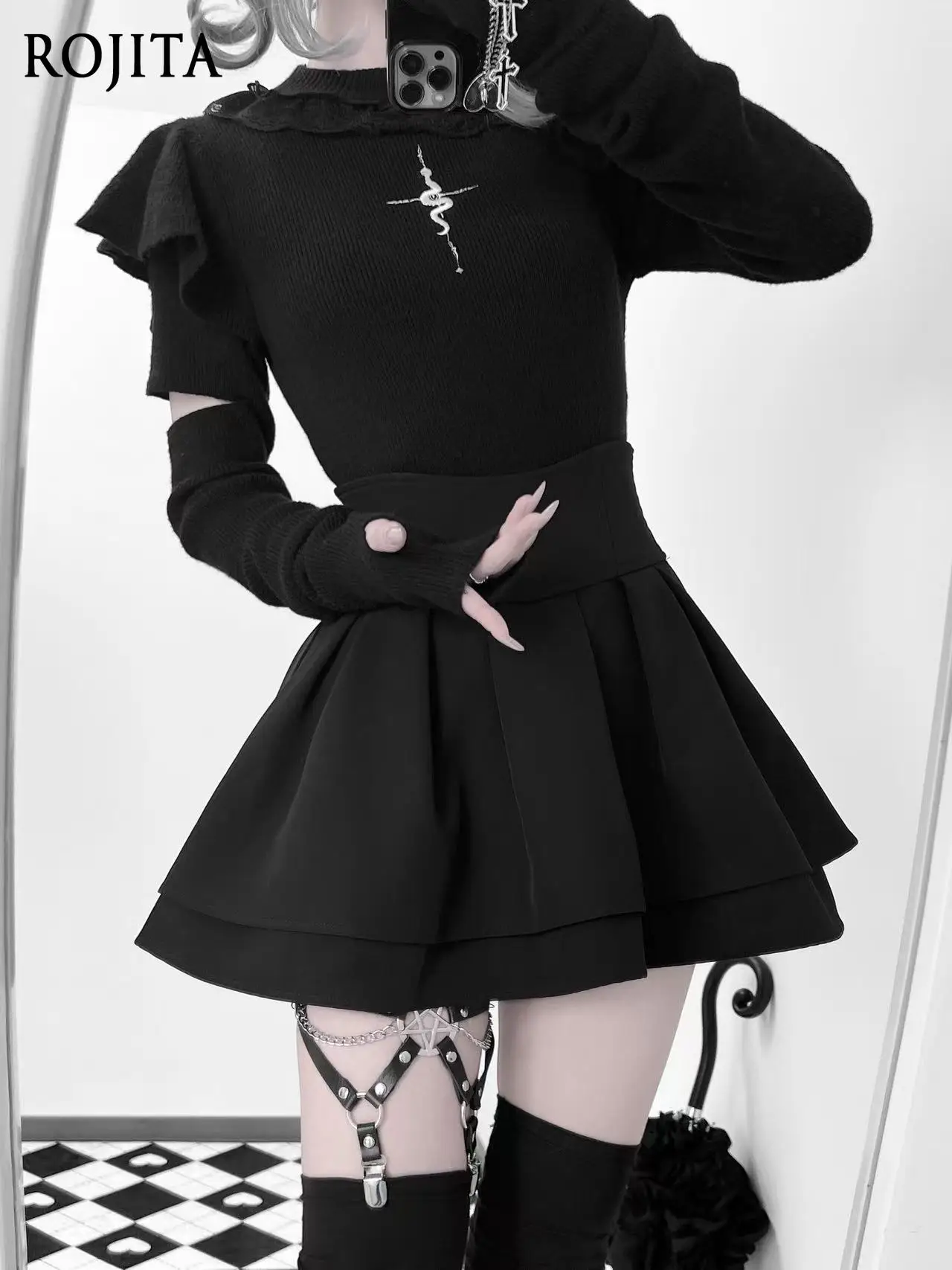 

Black and White Half Turtleneck Flying Sleeve Knitted Base Shirt Gothic Subculture Slim Fit Long Sleeve Sweaters for Women