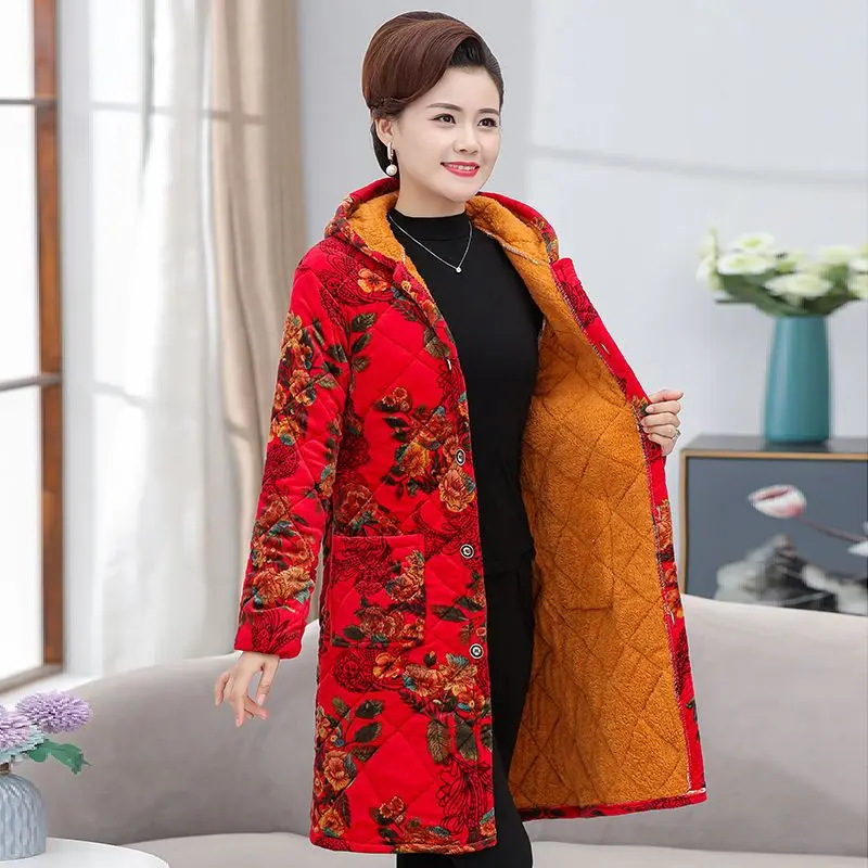 2025 Middle-aged Elderly Winter Three-layer Velvet Cotton Adult Overalls Female Mothers Loose Korean Mid-length Coats A665