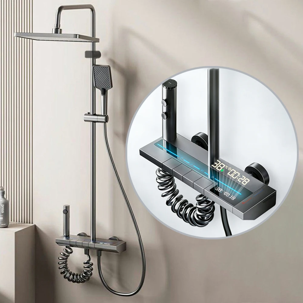 Modern Smart Bathroom Shower Faucet LED Temperature Display Rainfall Shower System Bathtub Hot Cold Mixer Tap Gray Shower Set