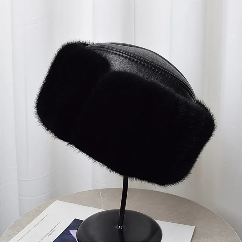 

Men's full-length leather hat old warm fur ear-protecting