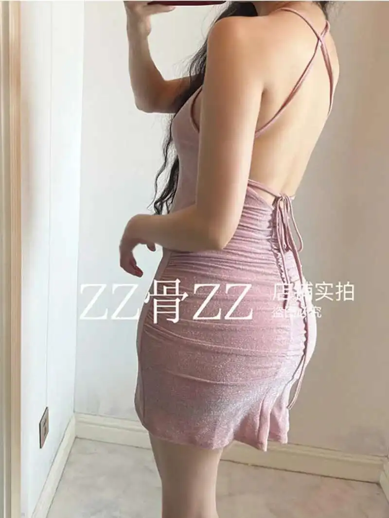 Sexy Sommer Neue Rüschen Hängenden Hals Stil Backless V-ausschnitt Unregelmäßigen Hause Nachthemd Kurzes Kleid Elegante Rosa Süße Tops M9FD