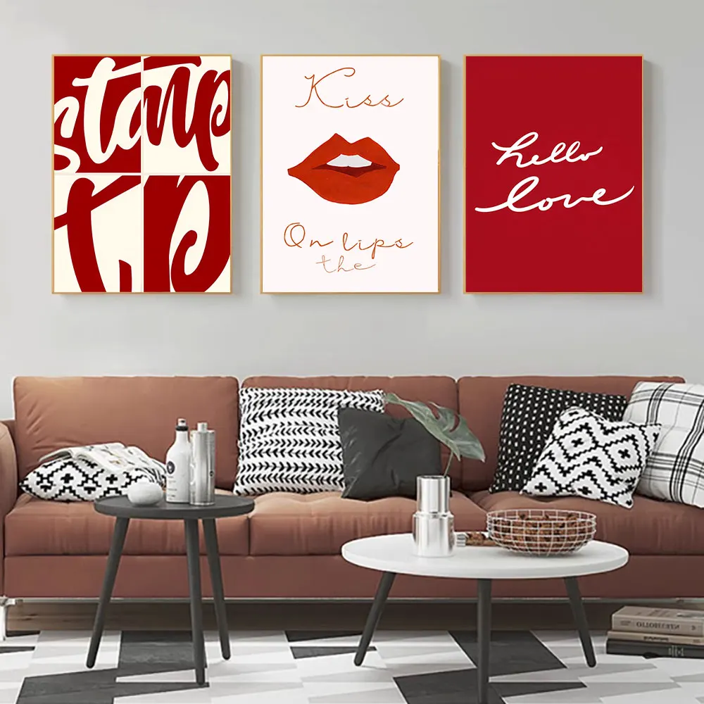 Canvas Print Painting Poster Red And White Letter Lip Modern Art Living Room Bedroom Porch Sofa Background Home Wall Decoration