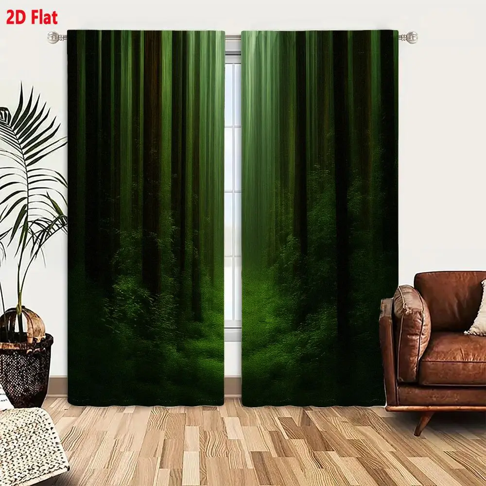 2Pcs Curtains 2D Flat Dense Mysterious Forest With Ethereal Green Glow And Luminous Center Window Drapes for Bedroom Room Decor