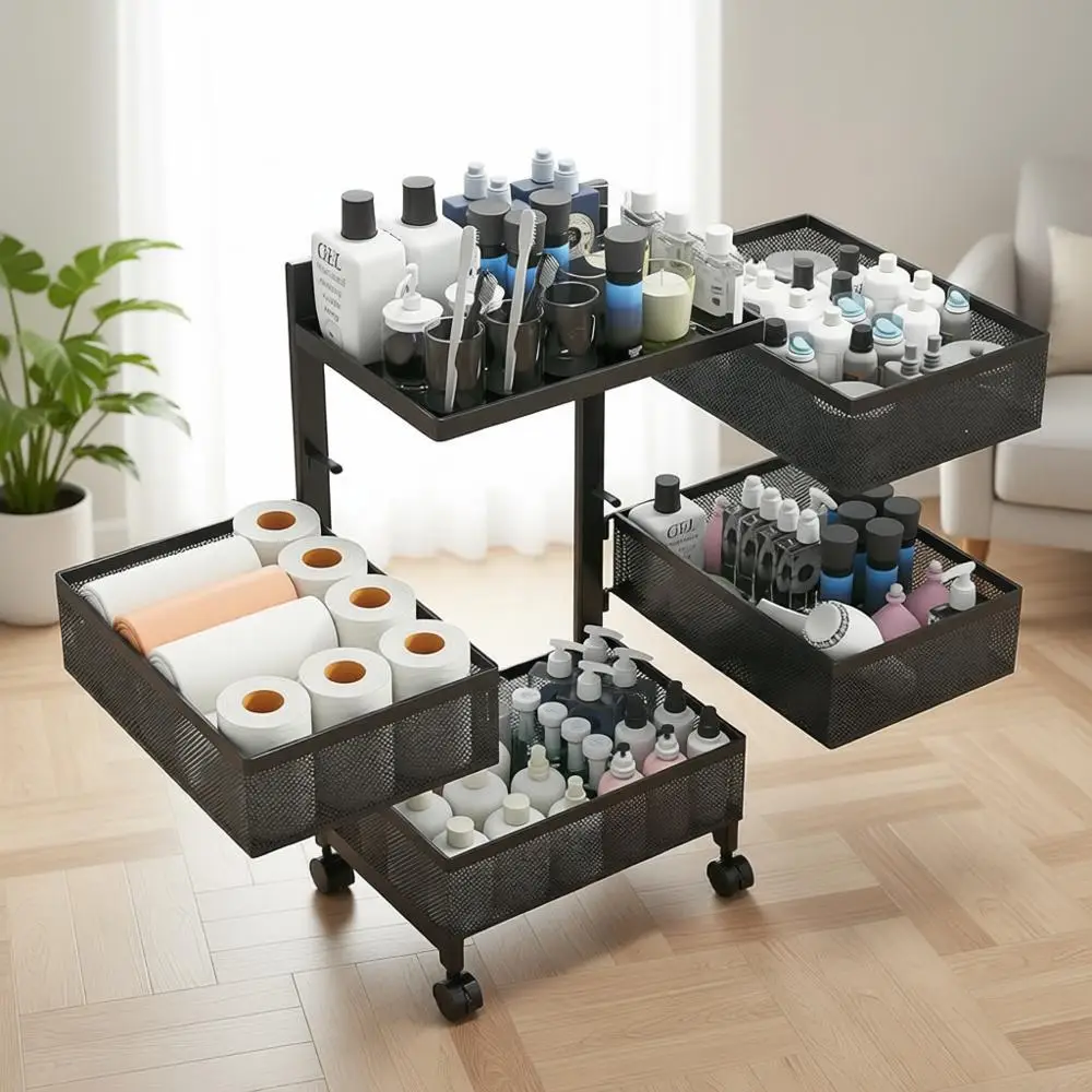 

4-Tier Sturdy Metal Rotating Storage Cart, Ideal for Kitchen and Bathroom, No Assembly Needed (Black, Square)