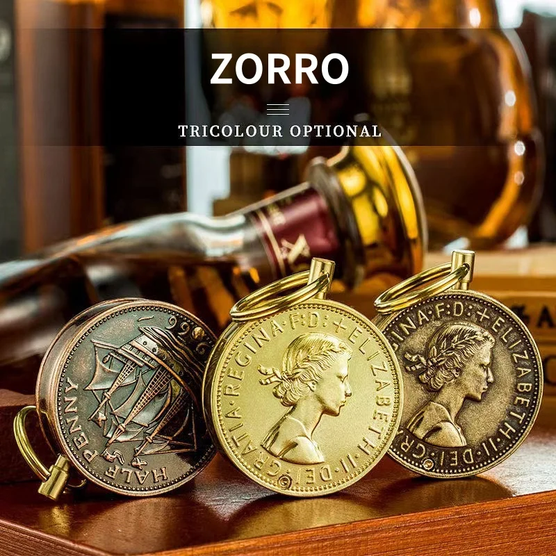 ZORRO Retro Coin Keychain Kerosene Lighter Creative Funny Exquisite Portable Cute Lighters Smoking Collection Gifts For Men