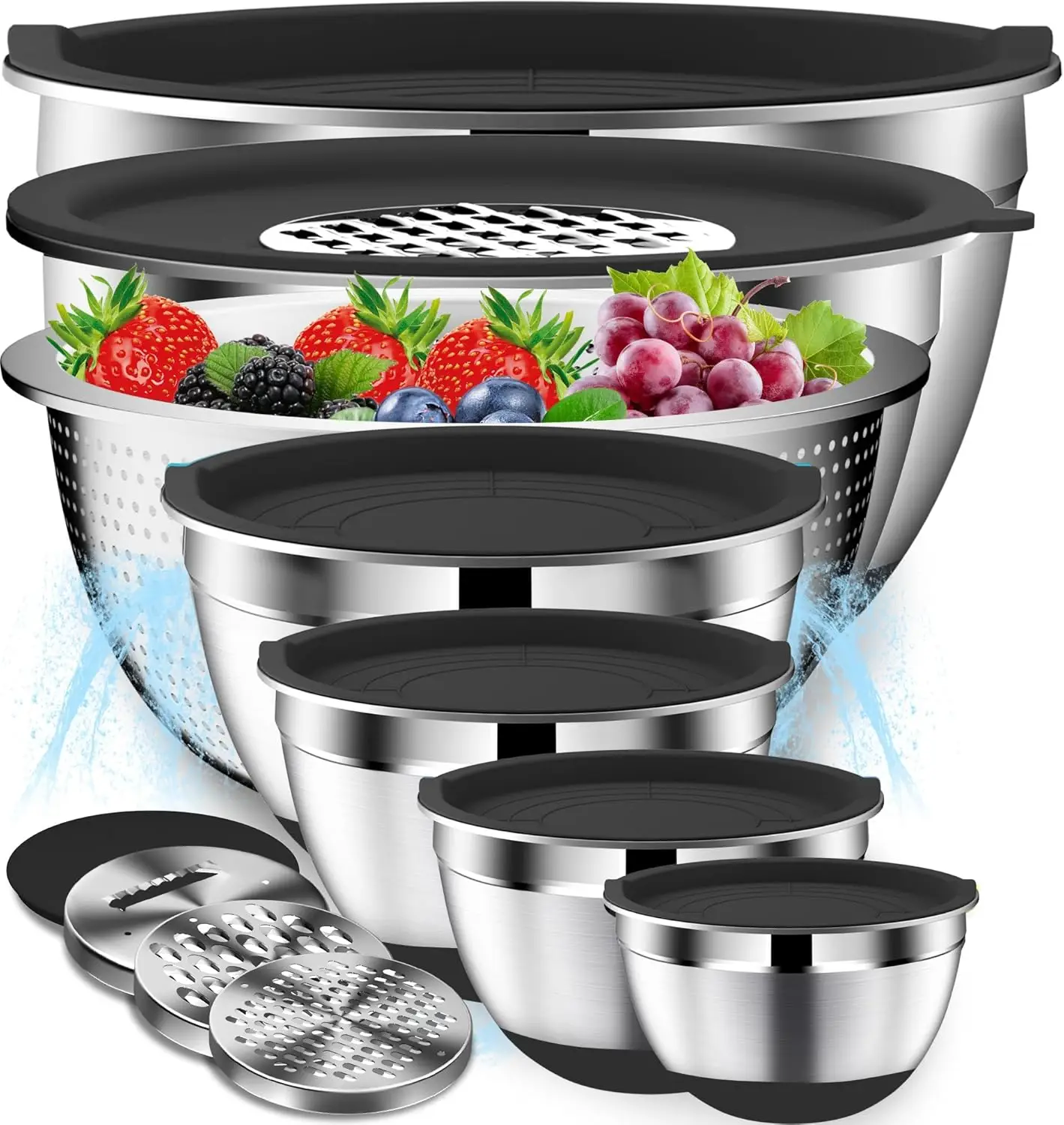 

16-Piece Stainless Steel Mixing Bowl Set with Lids, Colander & Graters - Non-Slip Nesting Bowls for Kitchen