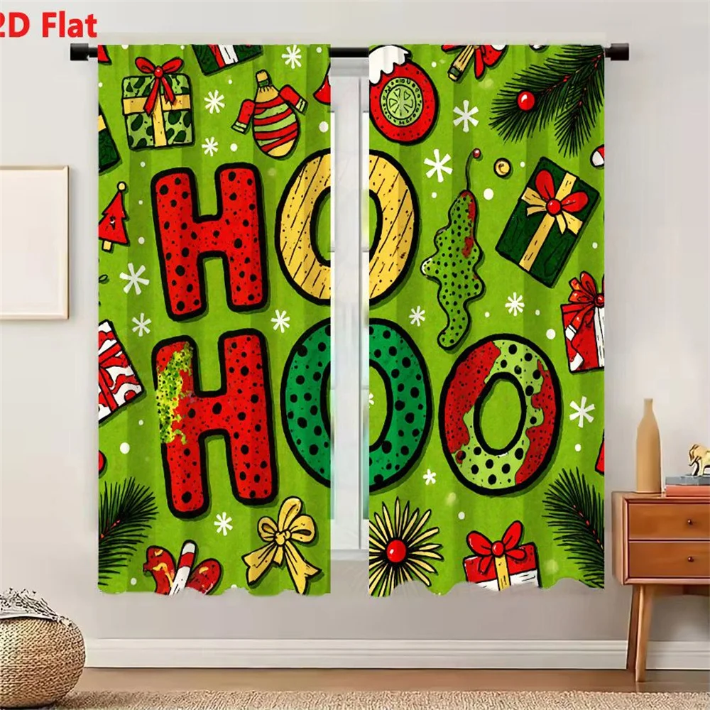 2Pcs Curtains 2D Flat HO HOO Christmas Themed Illustration with Festive Elements Pine Branches Gift Boxes Gingerbread Man Candy