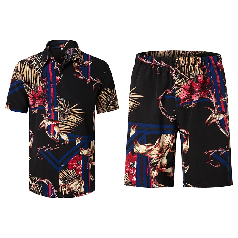 

Wholesale Men's Hawaiian Shirts Casual Button Down Short Sleeve Shirt Set Printed Shorts Hawaii Tropical Beach Vacation Suits