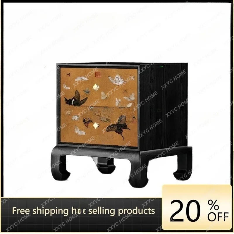 XX Song-style aesthetic butterfly pattern elegant decoration solid wood bedside table against the wall New Chinese style