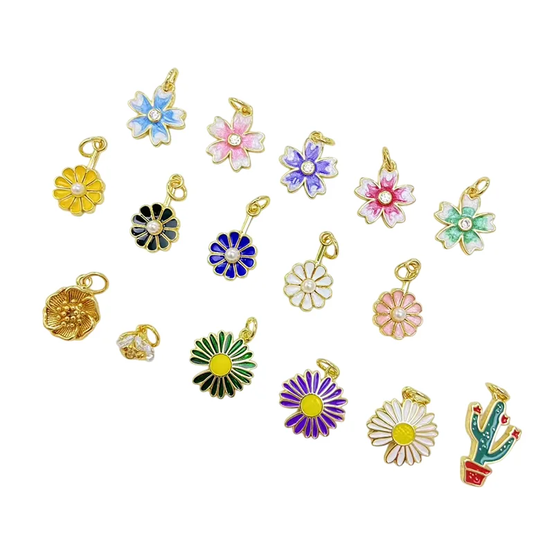 

3 Pcs Brass Plated Enamel Flower Pendant DIY Jewelry Making Accessories Cherry Blossom Daisy Pearl Charm Bracelet Necklaces Part
