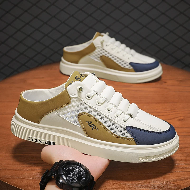 

2024 New Half Slippers Mens Mesh Shoes Summer Fashion Trend Outdoor Breathable Casual Shoes White Slip On Sneakers For Student