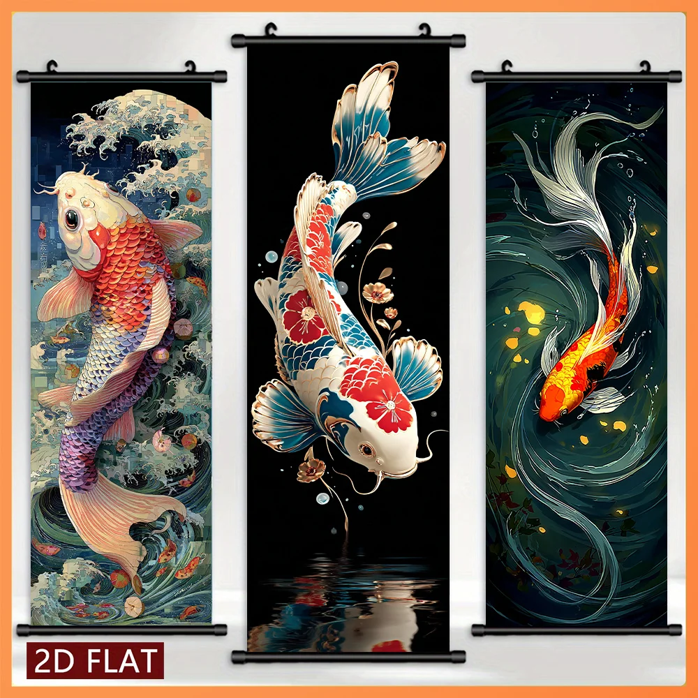 VIKAMA Japanese Koi Fish Ukiyo-e Wave 3 Piece Wall Scroll Tapestry Set Colorful Carp Wall Art Decor for Living Room Bedroom