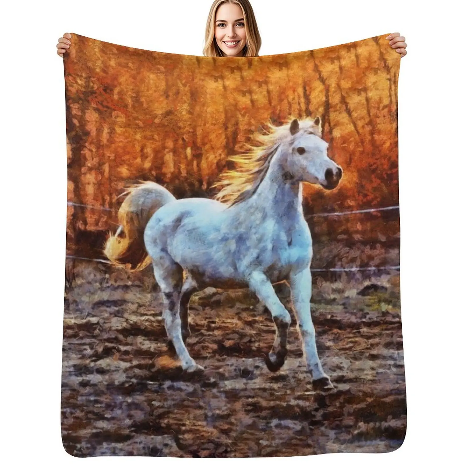 A White Horse Galloping With The Sun Setting Behind The Trees Digital Painting Throw Blanket Elderly warm blanket