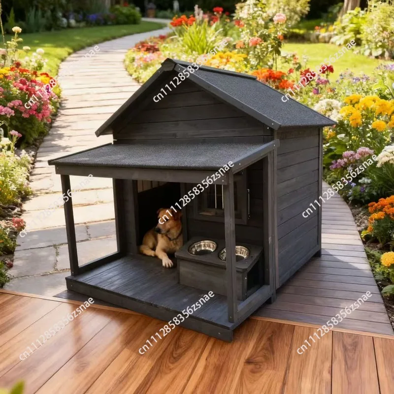 Outdoor Solid Wood Dog House, Sunproof Rainproof Kennel for Medium Large Dogs, Pet Cat Shelter Cabin