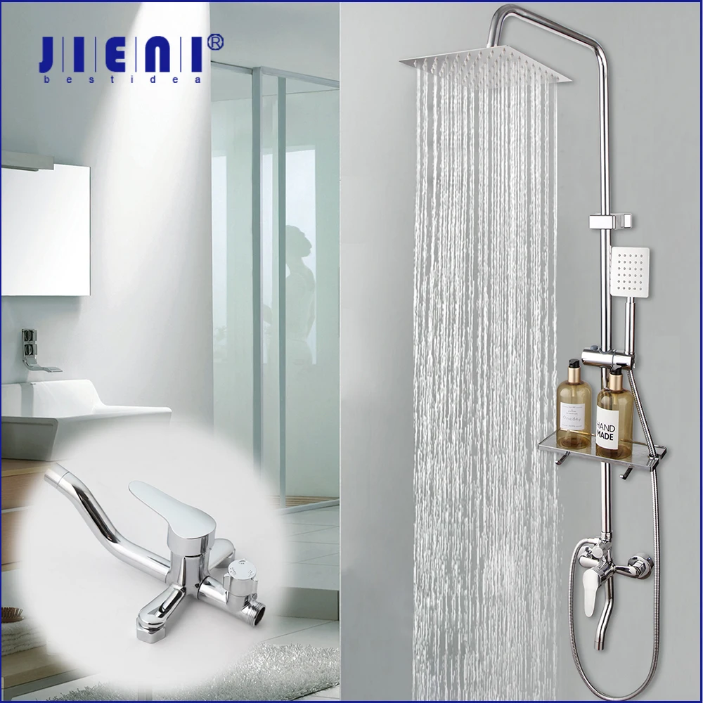 JIENI Bathroom Adjust Height Handheld Shower Faucet 8 Inch Chrome Polish Rainfall Wall Mount Ultrlthin Shower Head Mixer Taps