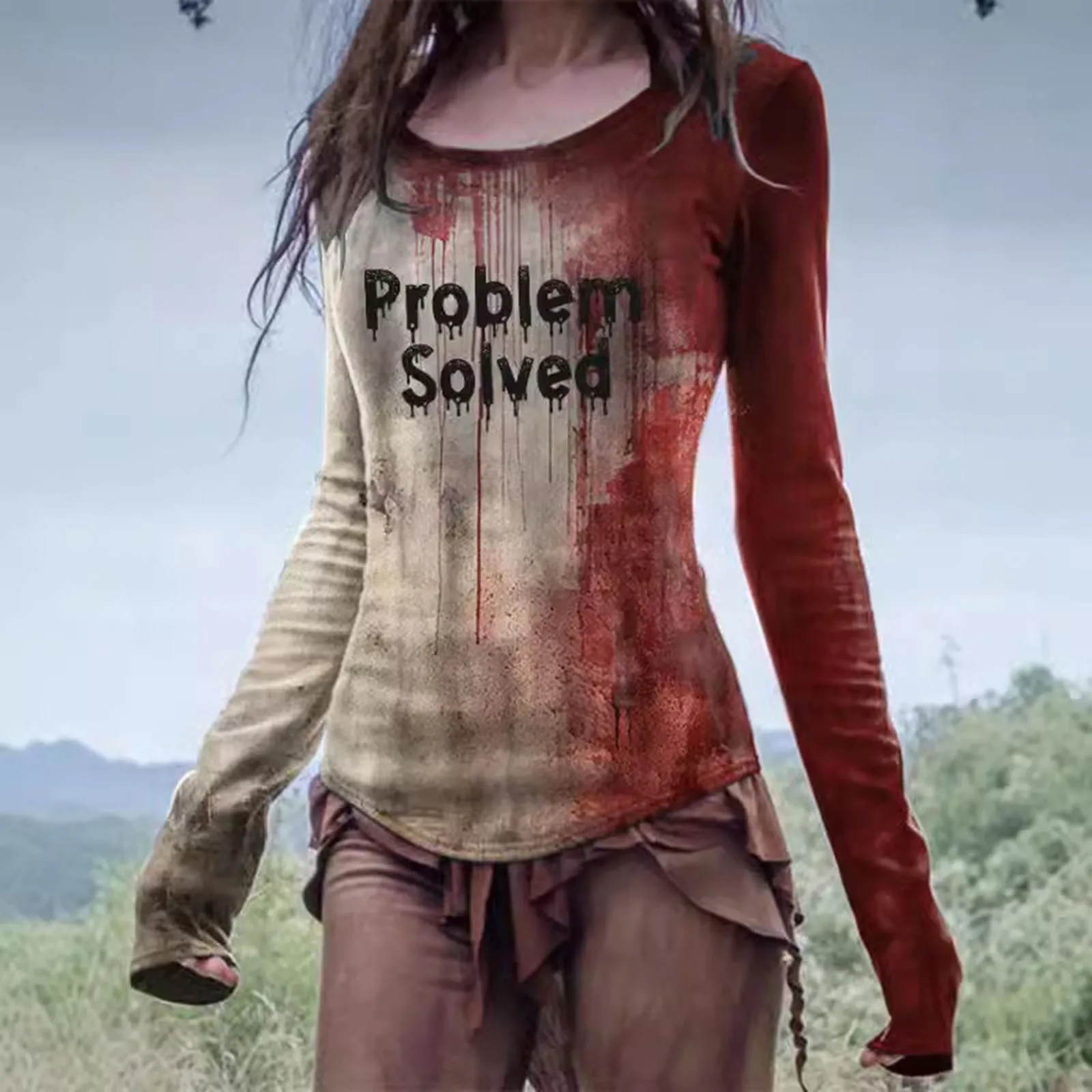 Problem Solved Bloody Fonts T-Shirt Halloween Damen Bedrucktes Langarm-T-Shirt mit Rundhalsausschnitt Top Distressed Slim Party Y2k-Kleidung