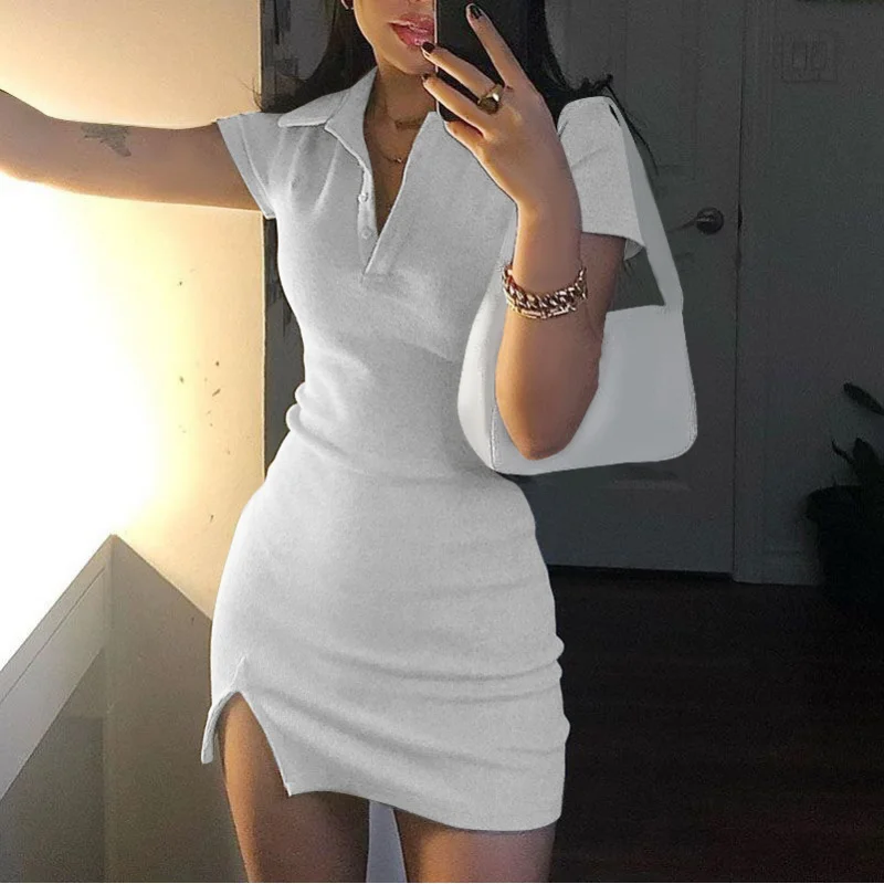 صيف جديد الموضة الأوروبية والأمريكية ضيقة بدوره إلى أسفل طوق Bodycon فتاة ساخنة قصيرة الأكمام فستان محبوك