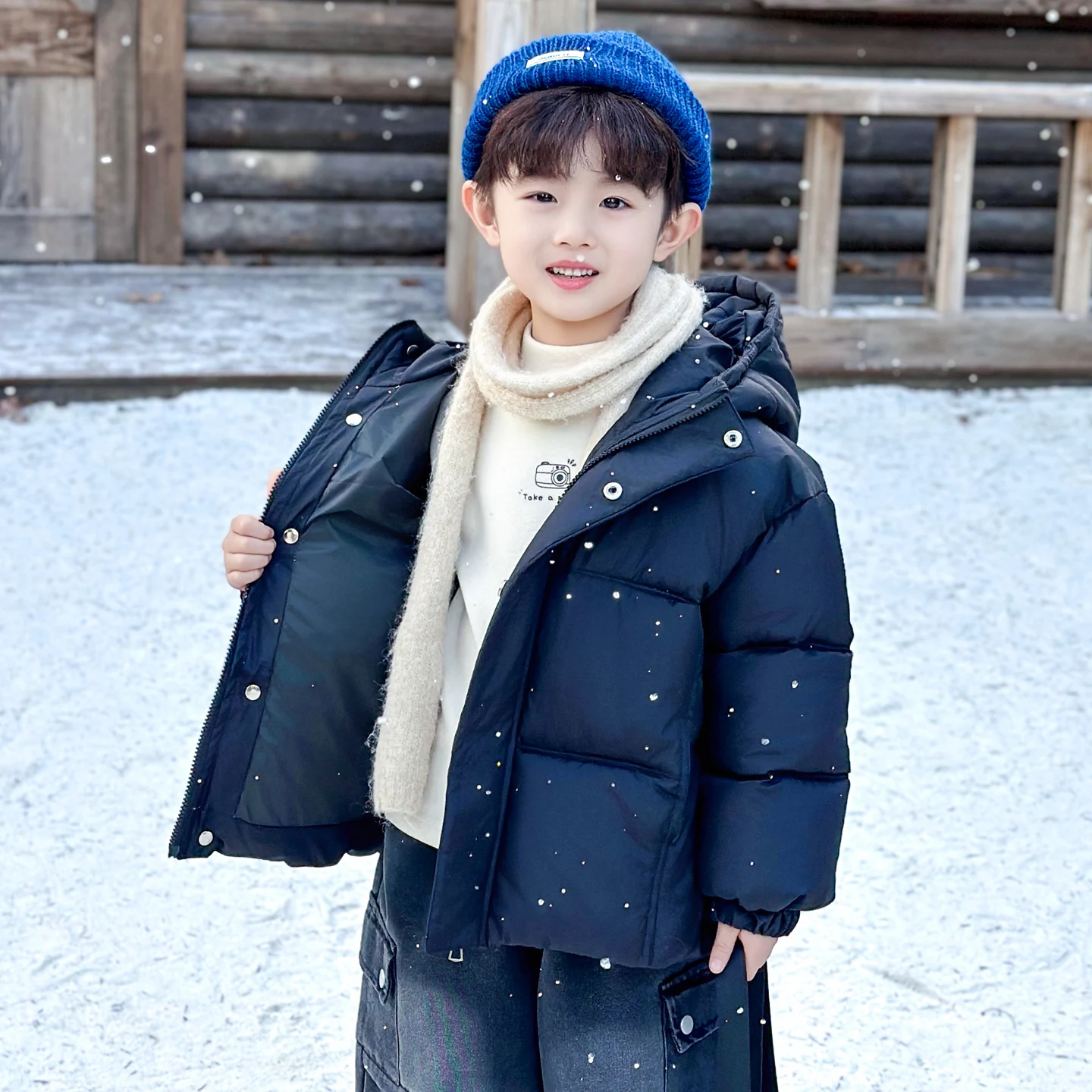

Утепленная зимняя куртка для мальчиков: модное пуховое хлопковое пальто для подростков, водонепроницаемое, с капюшоном, длинными рукавами и воротником-стойкой