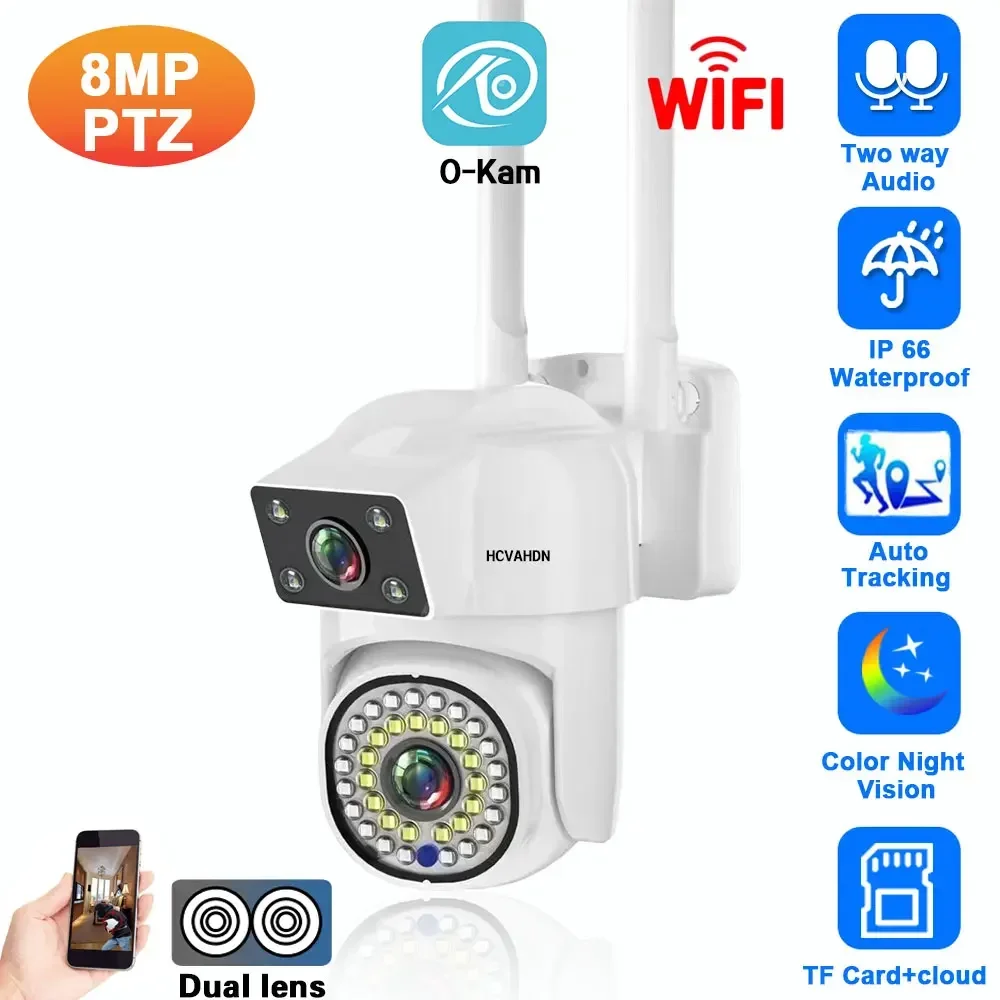 4K 8MP Dual Screen Dual Lens WIFI Camera 2K PTZ Camera Outdoor IP66 Waterproof Auto Tracking Security Camera Surveillance O-Kam