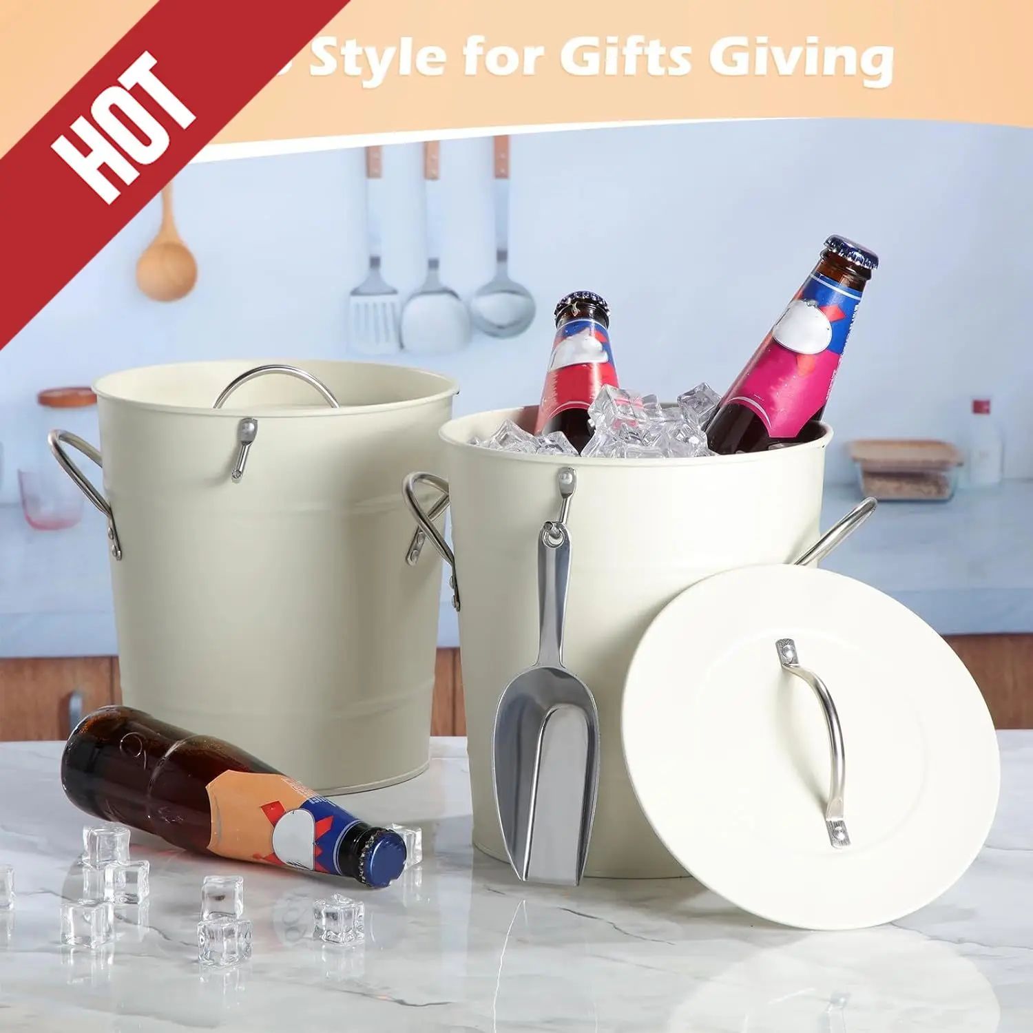 

2 Pack Ice Buckets With Scoops 4QT Stainless Steel Ice Bucket Container For Party White Drink Champagne Insulated Server,customi