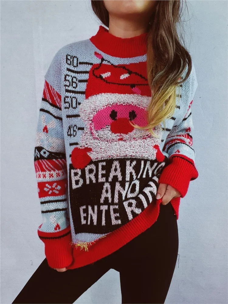 Ugly Christmas Santa Claus Knitted Sweater Women Autumn Winter 2024 New Fashion Loose O-Neck Long Sleeve Red Pullover Jumper