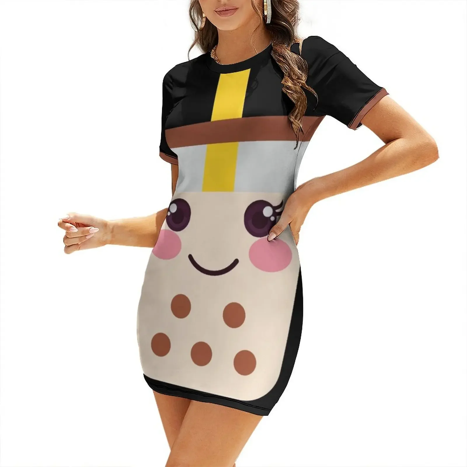 Cute Boba Milk Tea Kawaii Bubble Tea Lover Short-Sleeved Dress summer women's dress 2026 Clothing female Party dresses