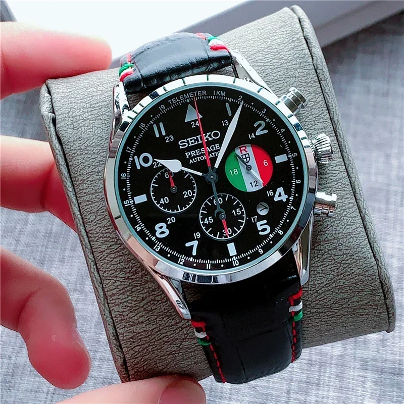 ساعة سيكو الرياضية كوارتز مقاومة للماء للرجال، مينا متعددة الوظائف، عقارب مضيئة وعلامات، ساعات بحزام مطاطي من الفولاذ المقاوم للصدأ