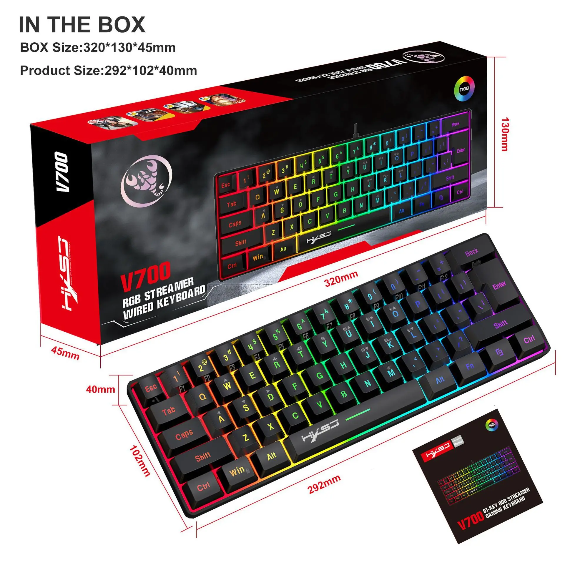 61 key gaming keyboard RGB lighting portable wired keyboard