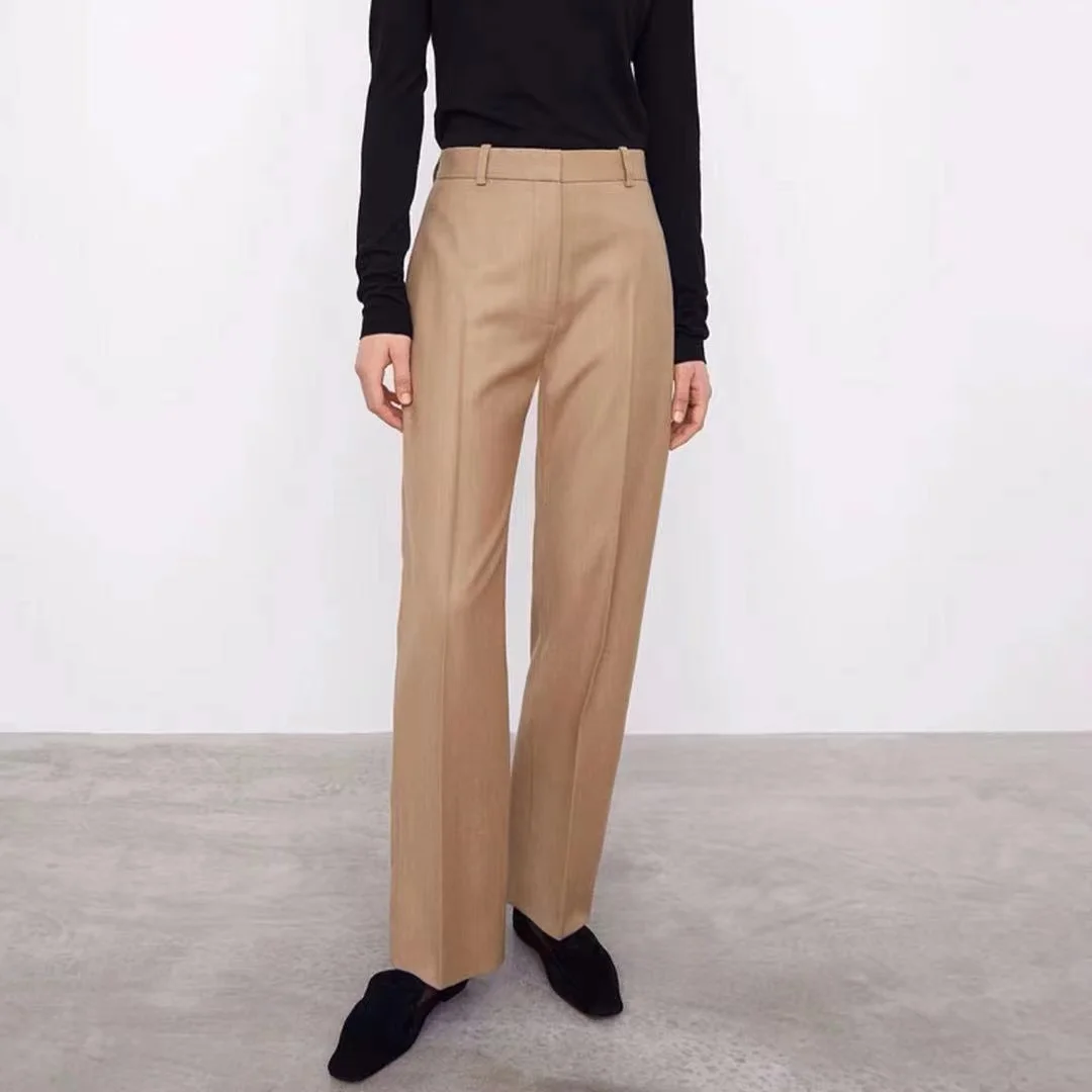 Women\'s Wool Straight Trousers Fashion Brand R0W New Minimal Design Camel Suit Pants High Waist Casual Smoke Pipe Trousers