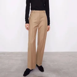 Women's Wool Straight Trousers Fashion Brand R0W New Minimal Design Camel Suit Pants High Waist Casual Smoke Pipe Trousers