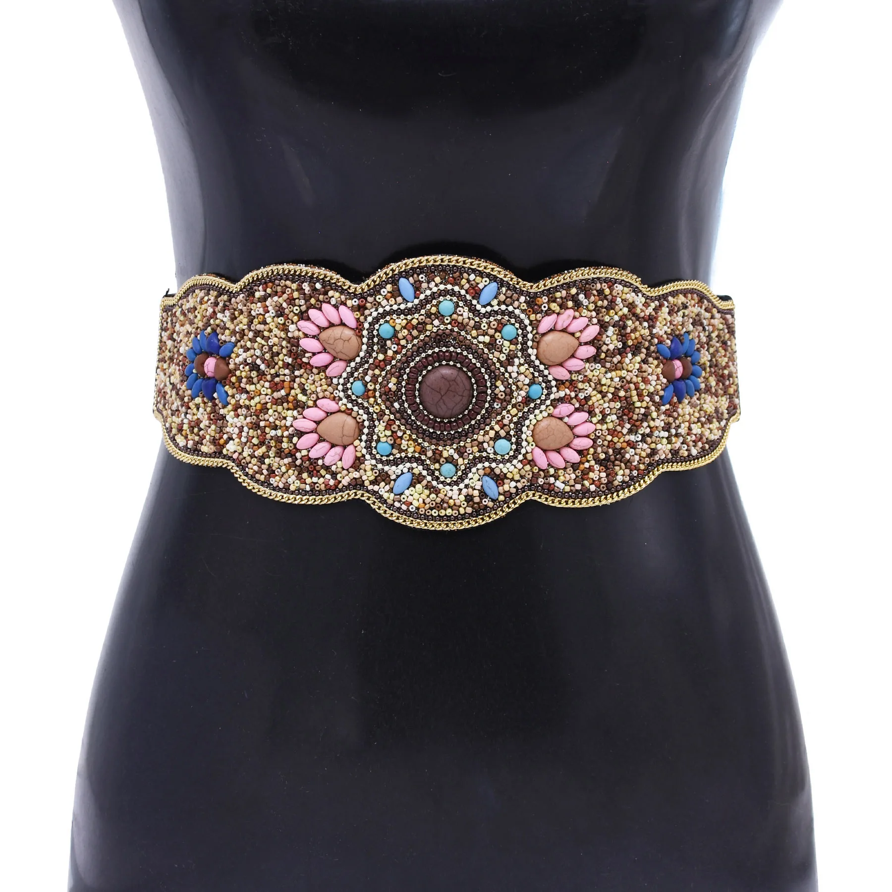 Turquoise Flower Women Elastic Belt Charms Bohemian Ethnic Handmade Seed Beads Turkish India Waistband Statement Body Jewelry