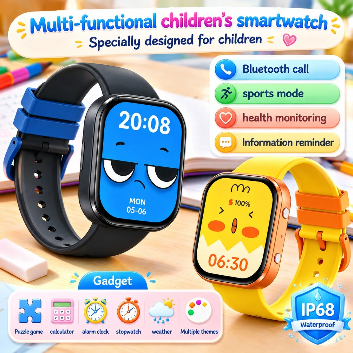 1.88"HD Children's Smart Watch:Bluetooth Call Health Monitoring Sports Mode IP68 Waterproof Game Multi Tool Smartwatch 2026 New
