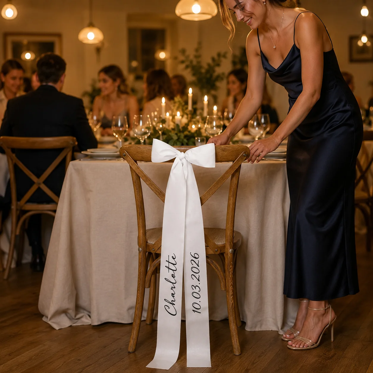 Personalized Wedding Chair Ribbon Custom Name Seating Bow for Wedding Sign Bridal Party Reception Ceremony Chair Decoration view 4
