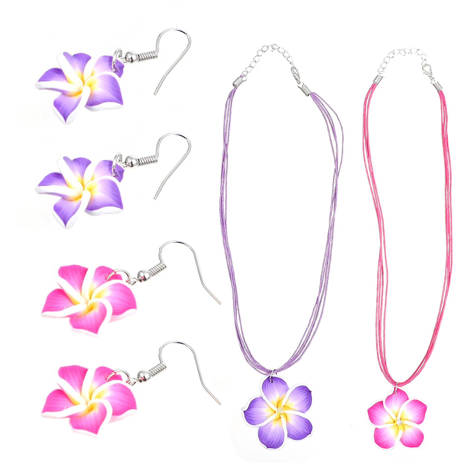 

2Sets Hawaii Theme Jewelry Flower Earrings Necklace Clay Plumeria Pendant Hawaiian Party Luau Party Accessories