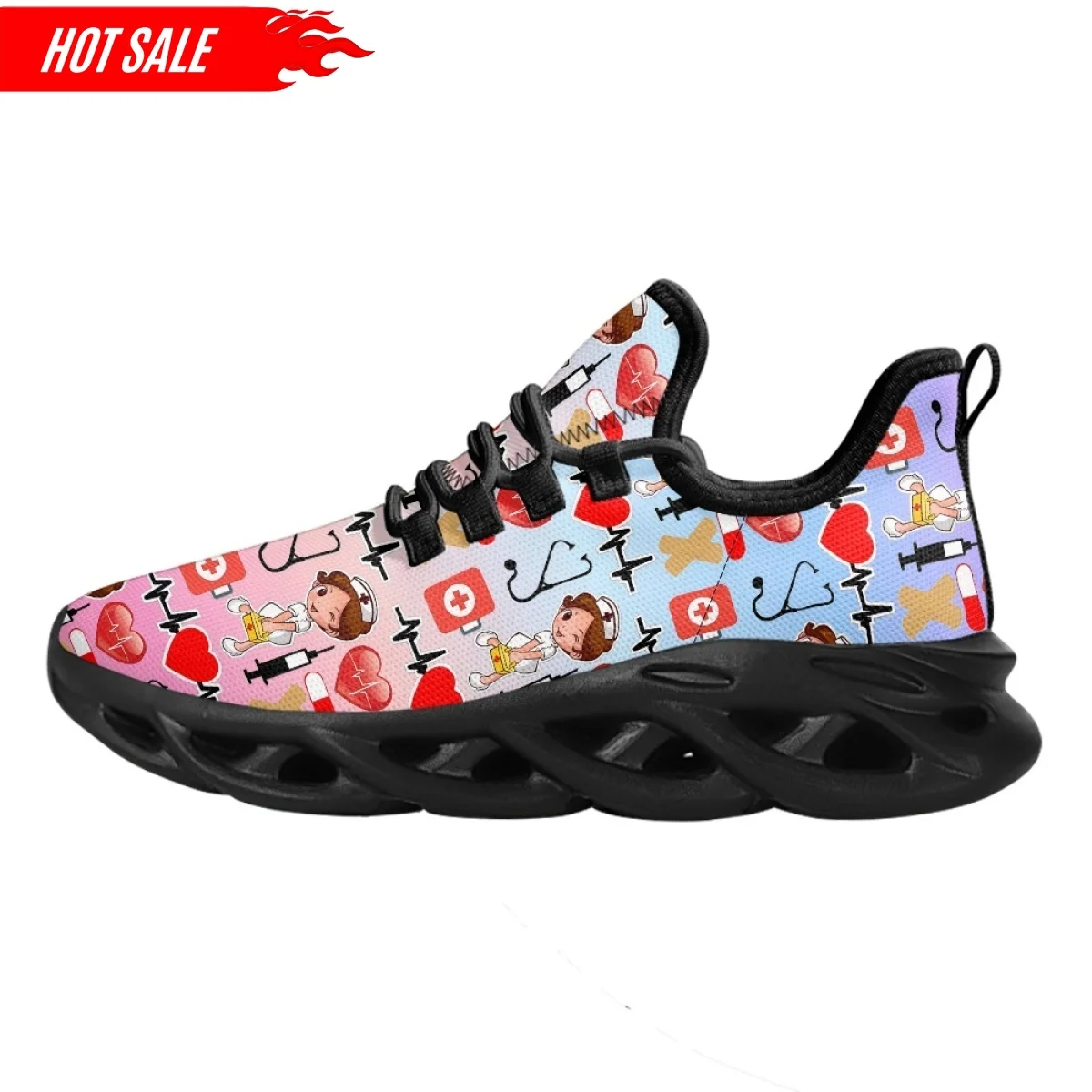 Fashion Women's Nurse Shoes Casual Flat Sneaker Gradient Color Nurse Print Ladies Lace Up Light Walking Shoe Breathable Footwear