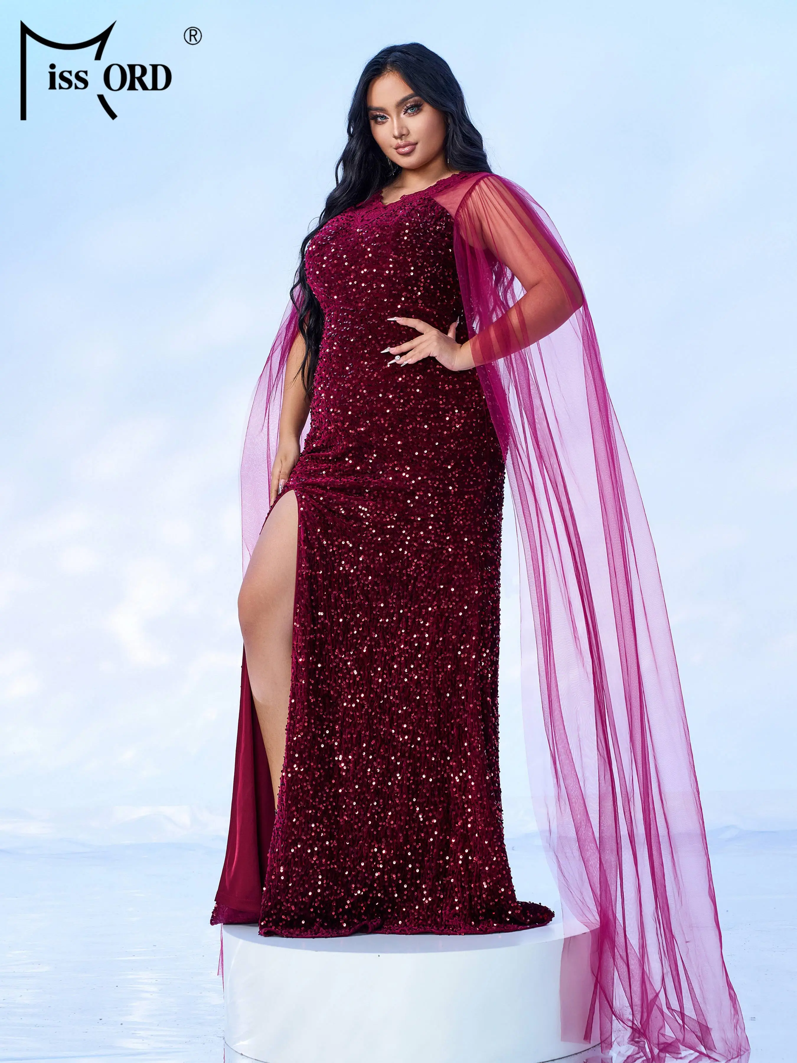 Missord Plus Size New Burgundy Sequin Split Evening Gown Mesh Sleeves Formal Occasion Cocktail Wedding Birthday Party Dresses