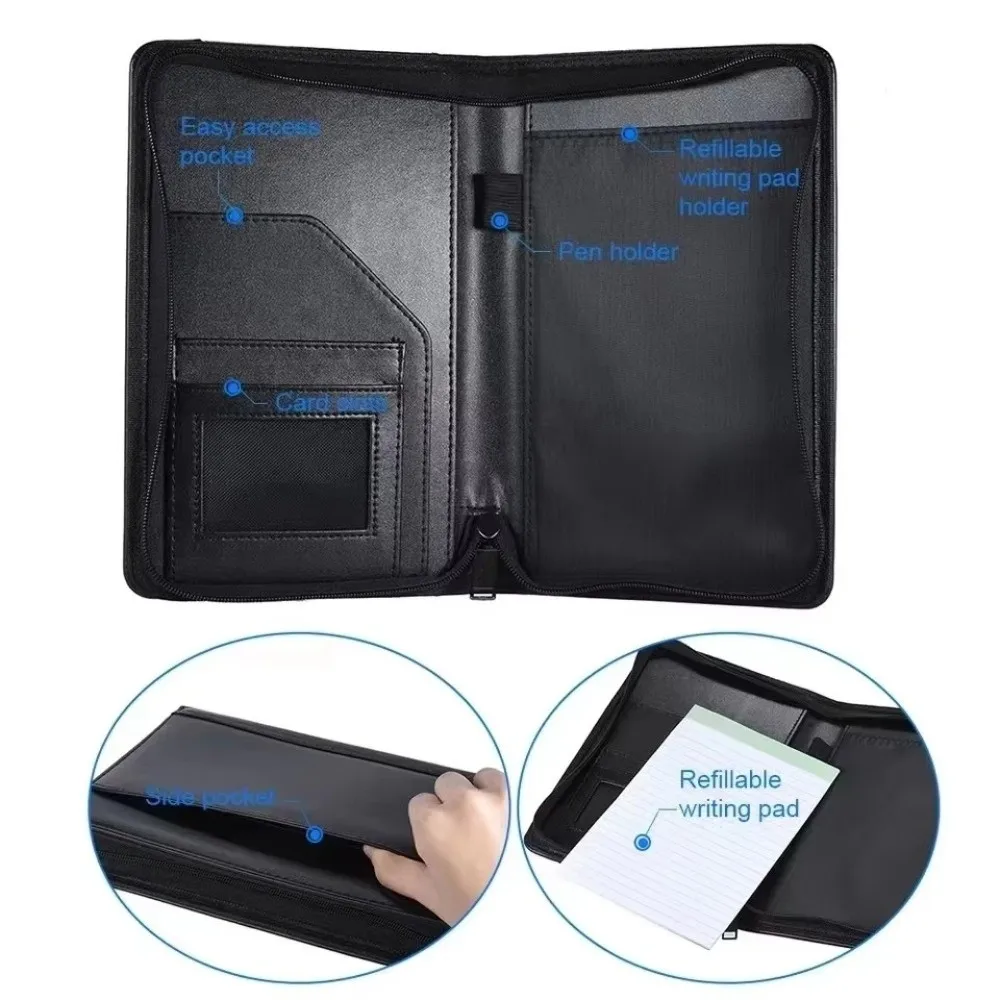 Portable A5 Business Portfolio Zippered Multi-functional Portfolio Folder PU Leather Memo Note Pad Document Case Organizer
