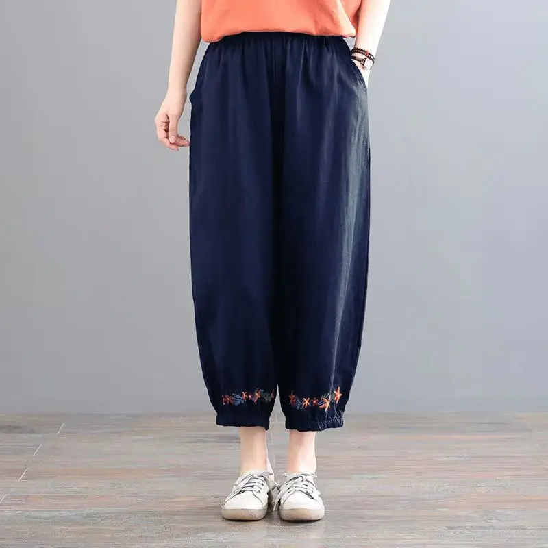 

Ladies Solid Color Elastic Waist Spring Autumn Thin Casual Vintage Women's Clothing Loose 2023 New Pocket Straight Harem Pants