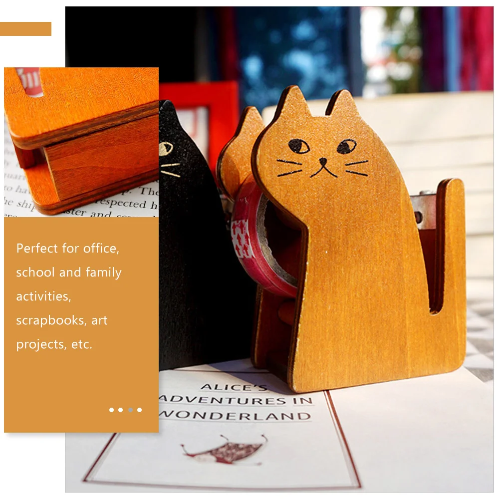 Cat Tape Holder Portable Tabletop for Office Vintage Decor Fashioned Lovely Wood Retro Style Child