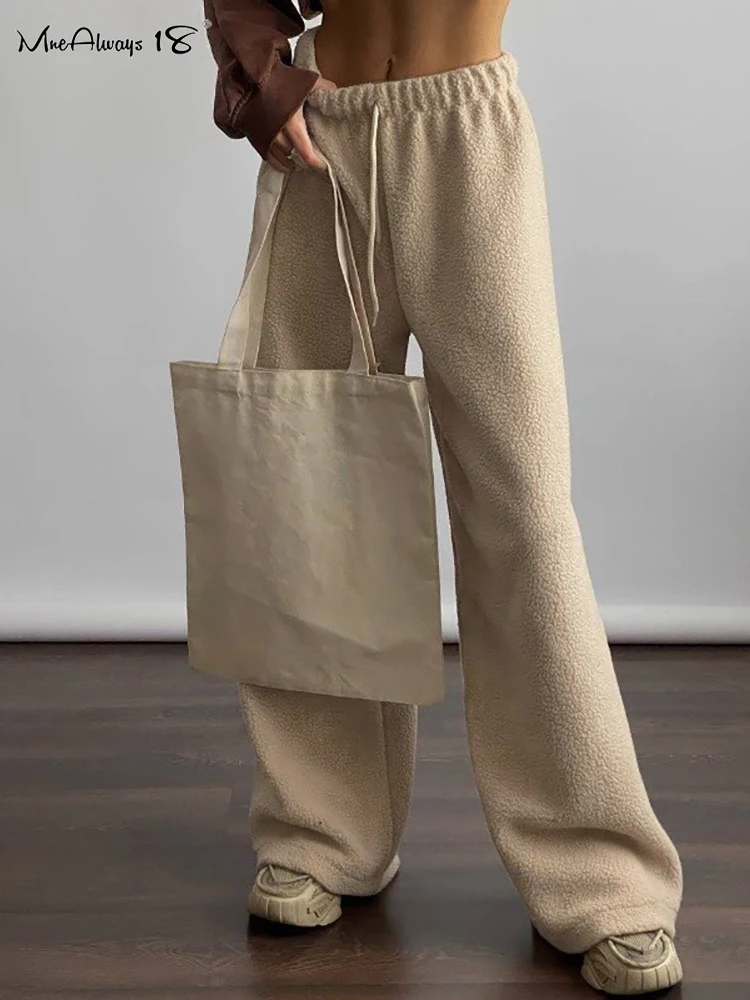 Mnealways18 Beige Berber Fleece Womens Drawstring Sporty Pants Autumn 2024 Warm Wide Legs Trousers Winter 2024 Floor-Length Pant